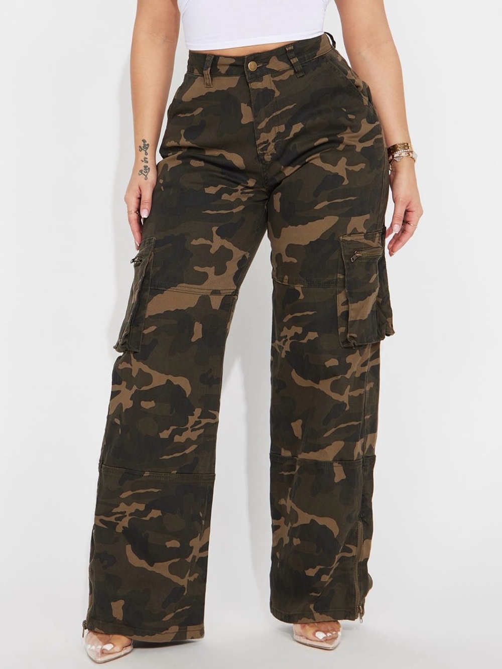 Fashion Nova Olive Green Camo Cargo Wide-Leg Pants